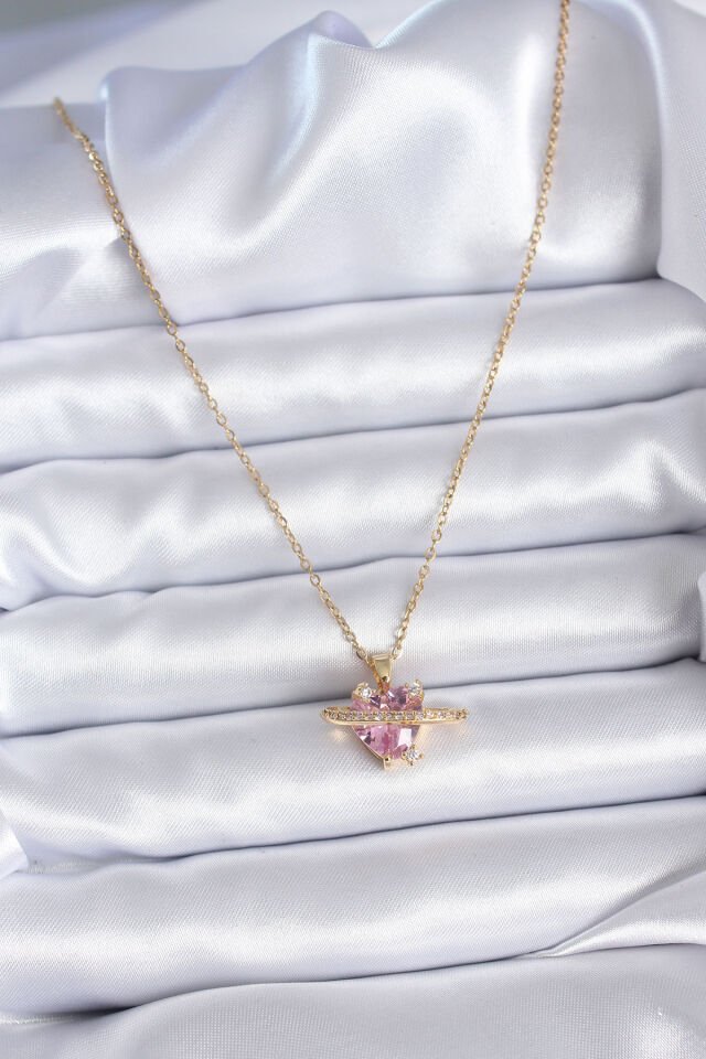 316L Çelik Özel Seri    Gold Renk Zincir Pembe Kristal Kalp Model  Zirkon Taş Detay Kadın Kolye